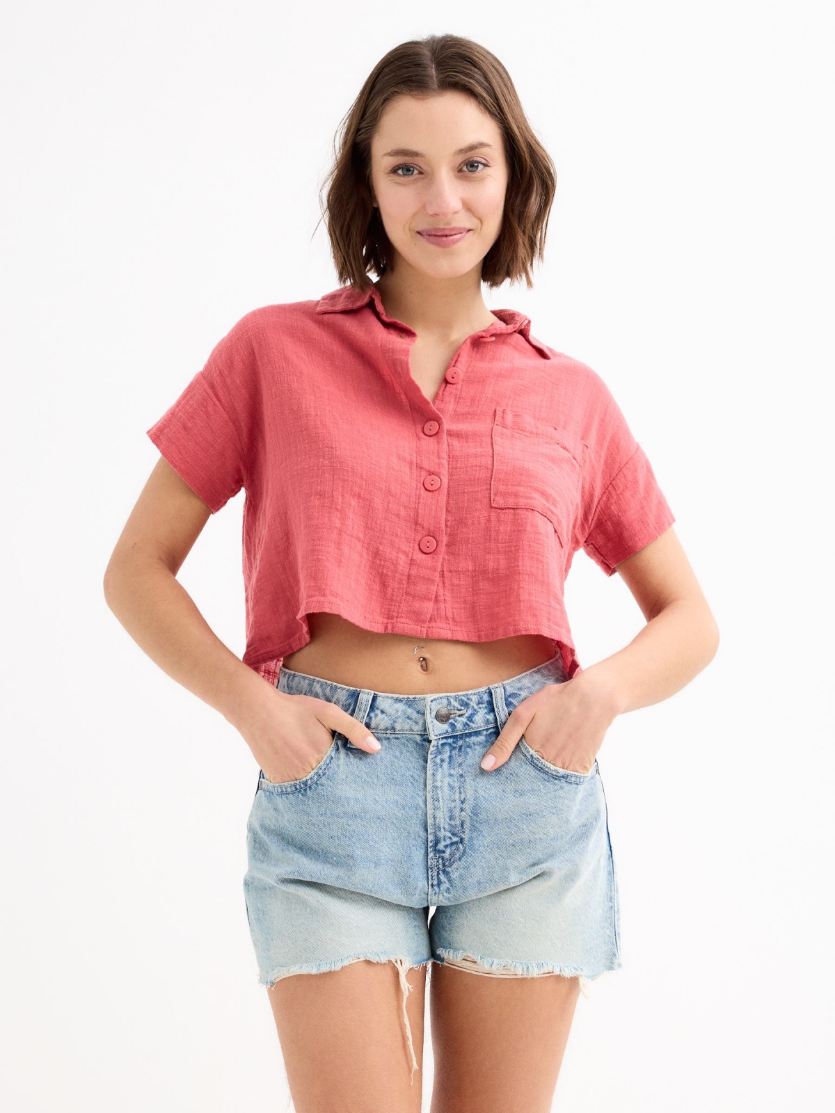 Drop shoulder shirt mineral red middle front view