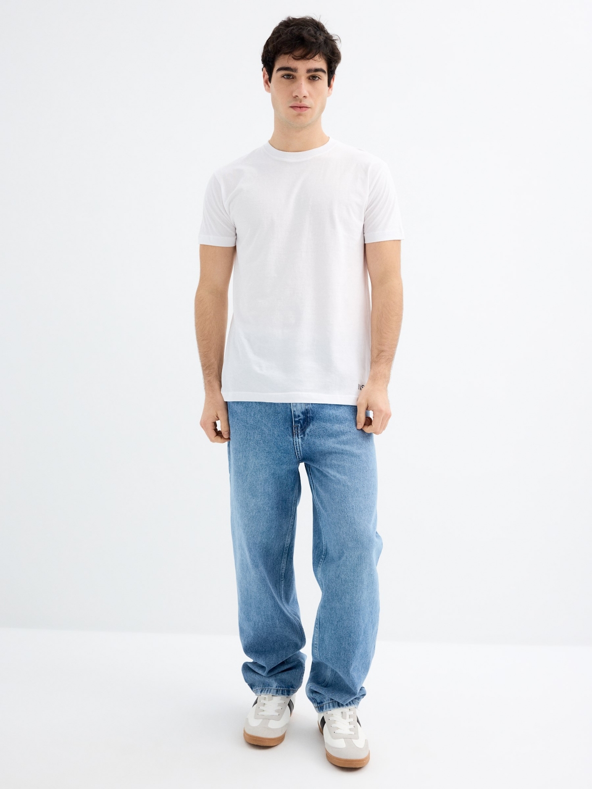 Blue baggy jeans with frayed blue general front view