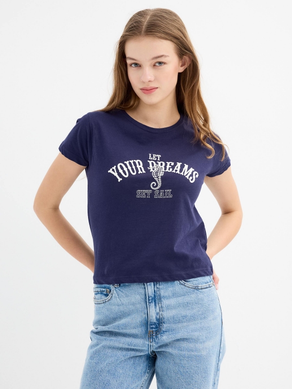 Short sleeve t-shirt Let Your Dreams navy middle front view