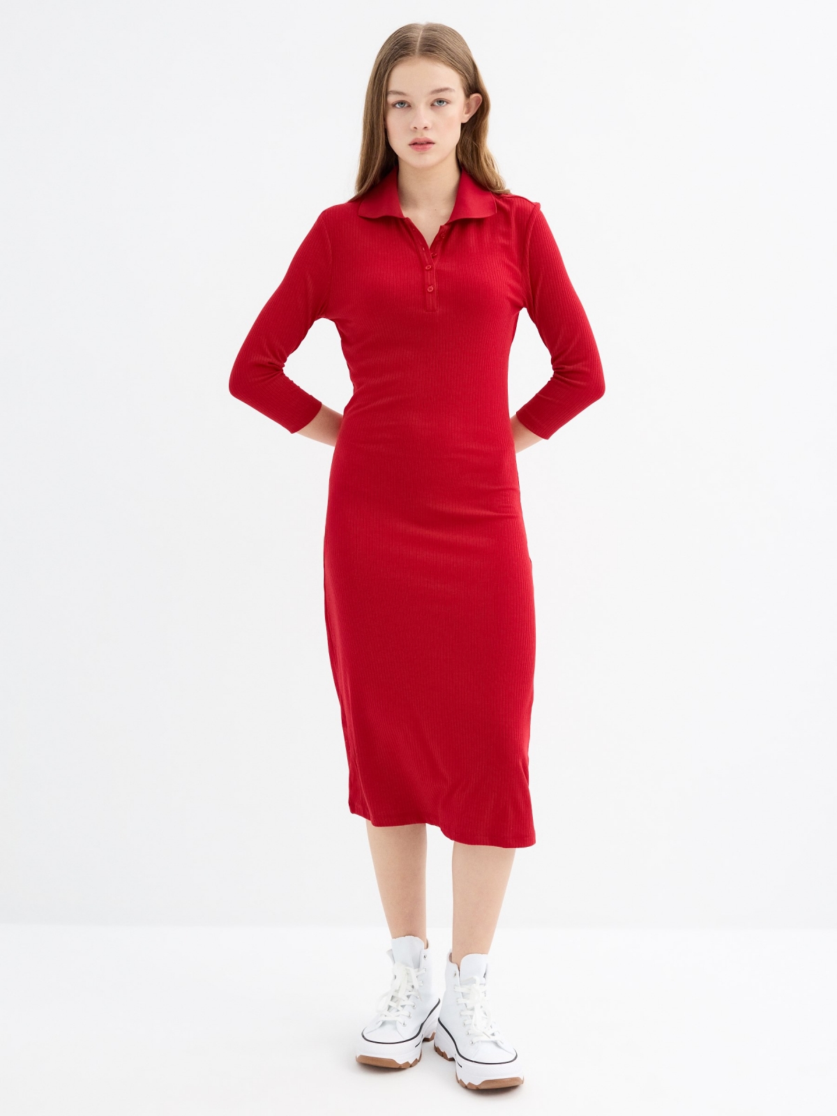 Long sleeve midi dress carmine three-quarter front view