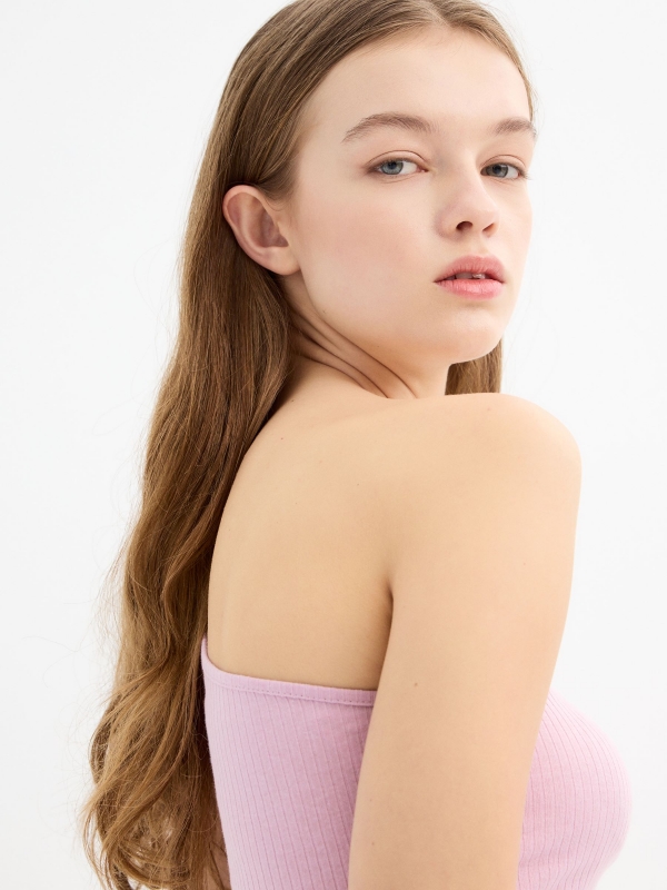 Asymmetrical crop top mauve detail view