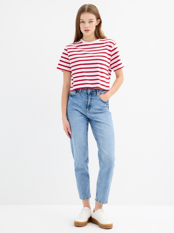 Short sleeve crop top Stripes carmine general front view