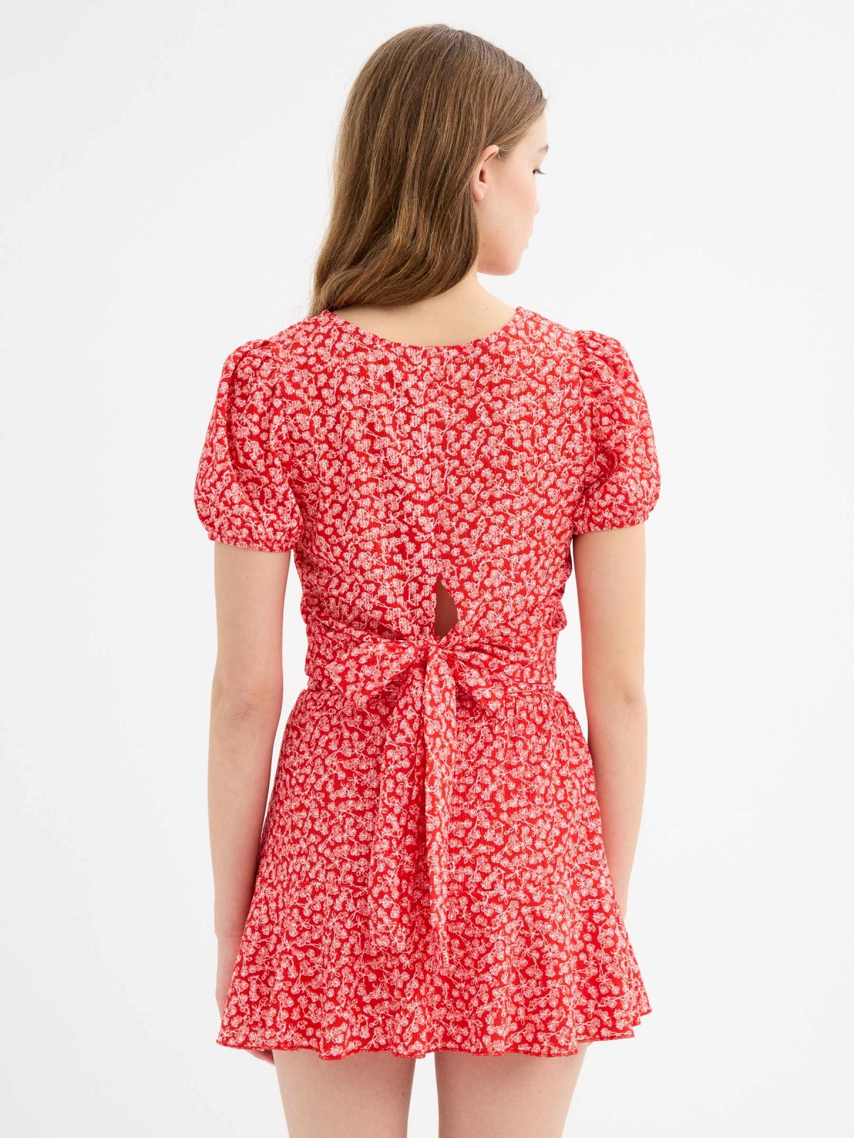 Top floral bow deep red middle back view