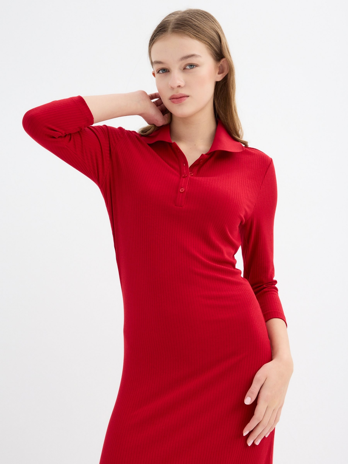 Long sleeve midi dress carmine general front view