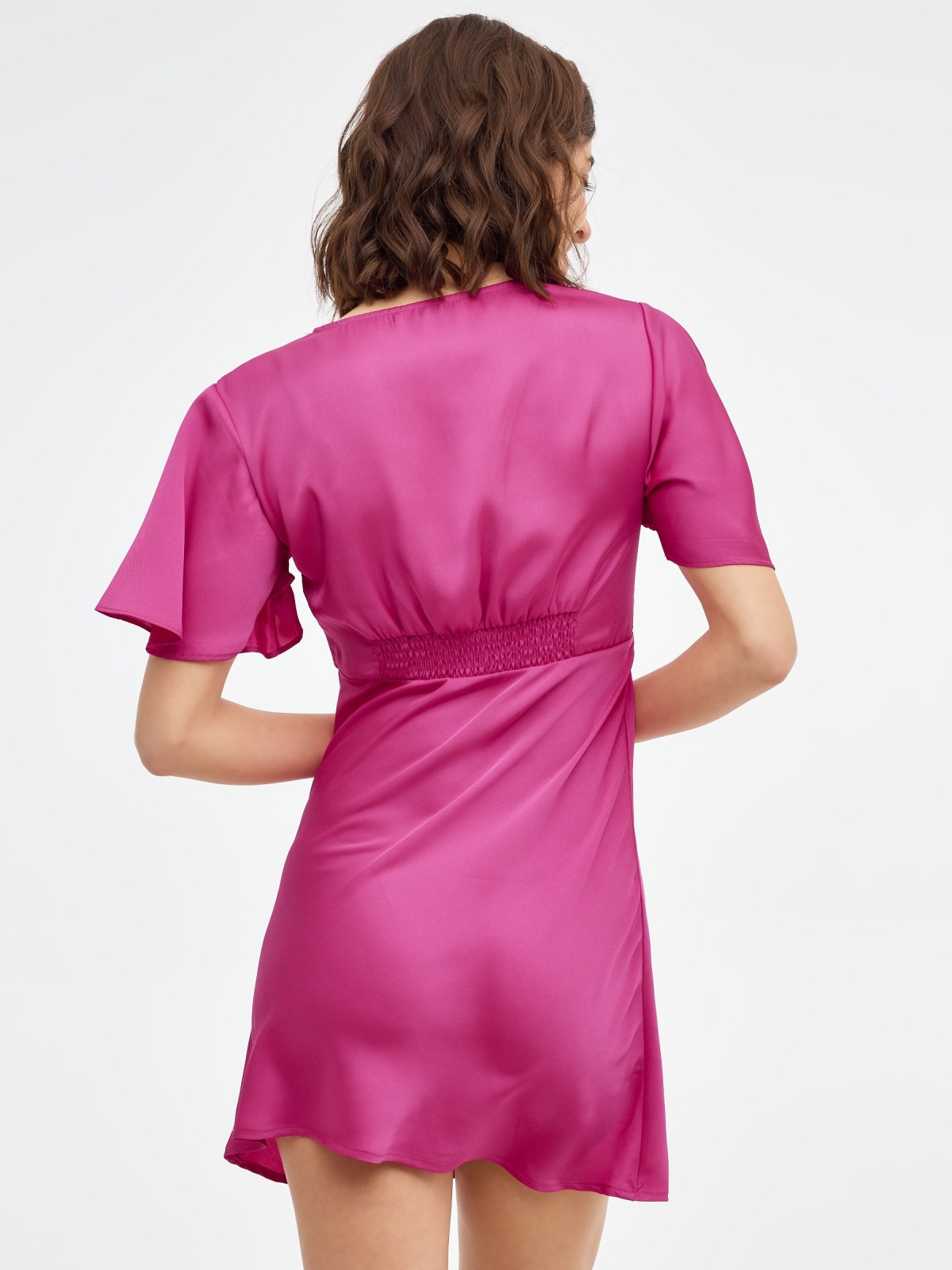 Fuchsia cetim mini vestido magenta vista traseira três quartos