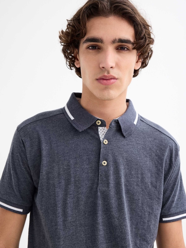 Dark gray casual polo shirt blue detail view