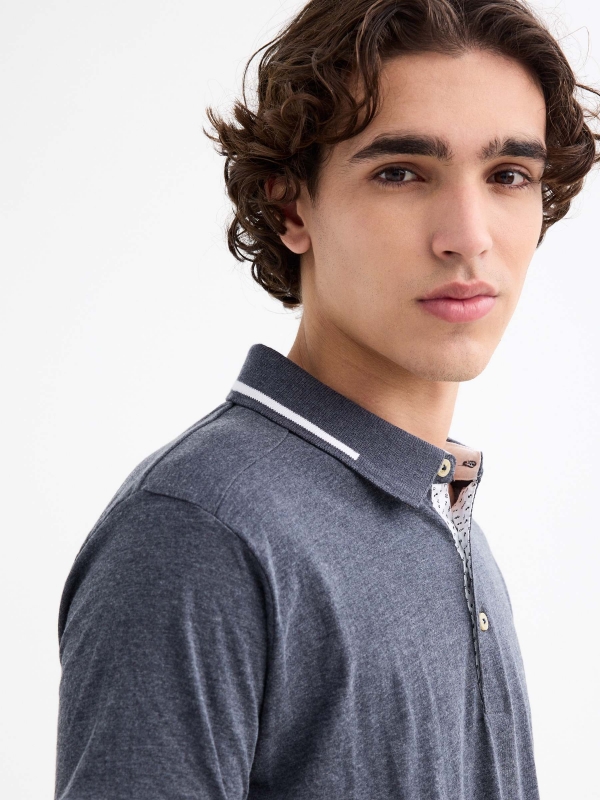 Dark gray casual polo shirt blue detail view