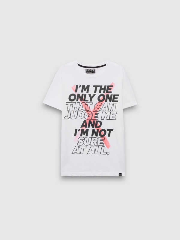  T-shirt com impressão de texto branco vista frontal
