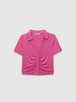 %Pto% T-shirt de pescoço polo com gola desfeita magenta vista frontal
