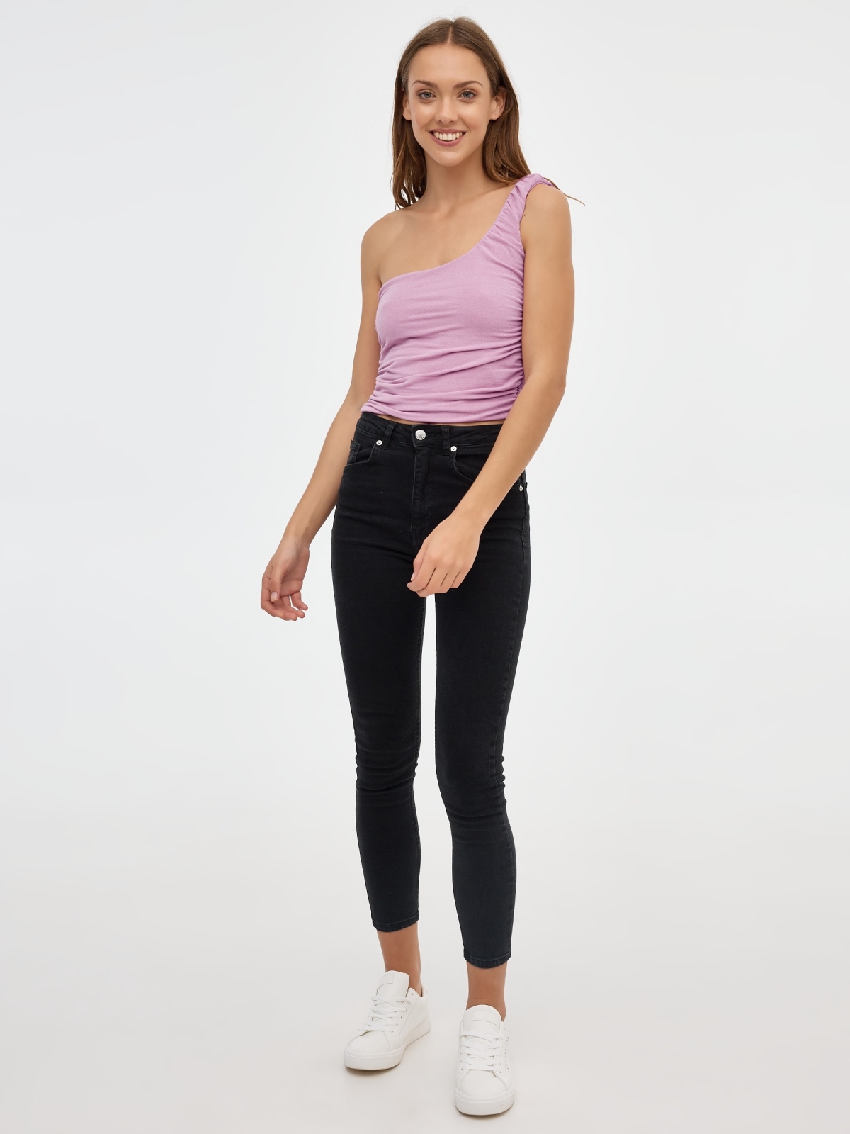 Asymmetrical slim ruffled top magenta general front view