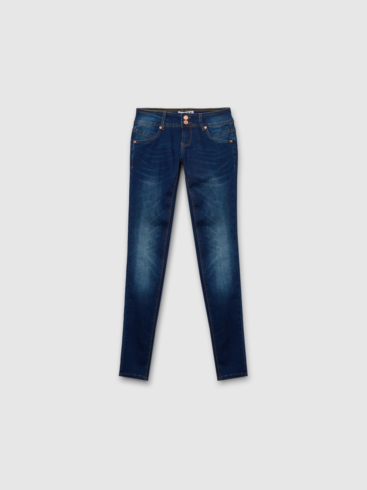  Jeans skinny gastado de cintura baixa azul vista frontal