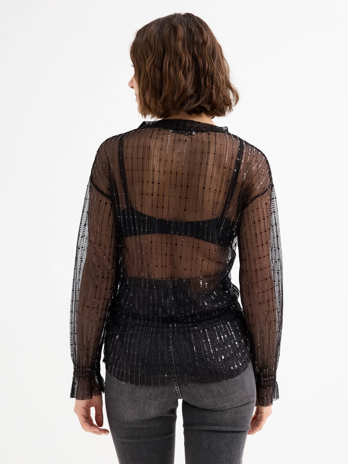 Blusa transparente brilhos preto vista meia traseira