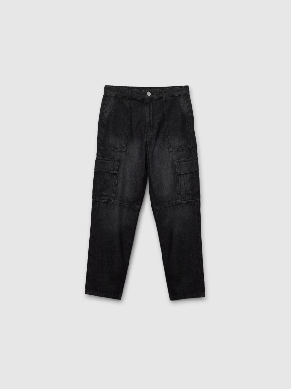  Blue multi-pocket cargo jeans black front view