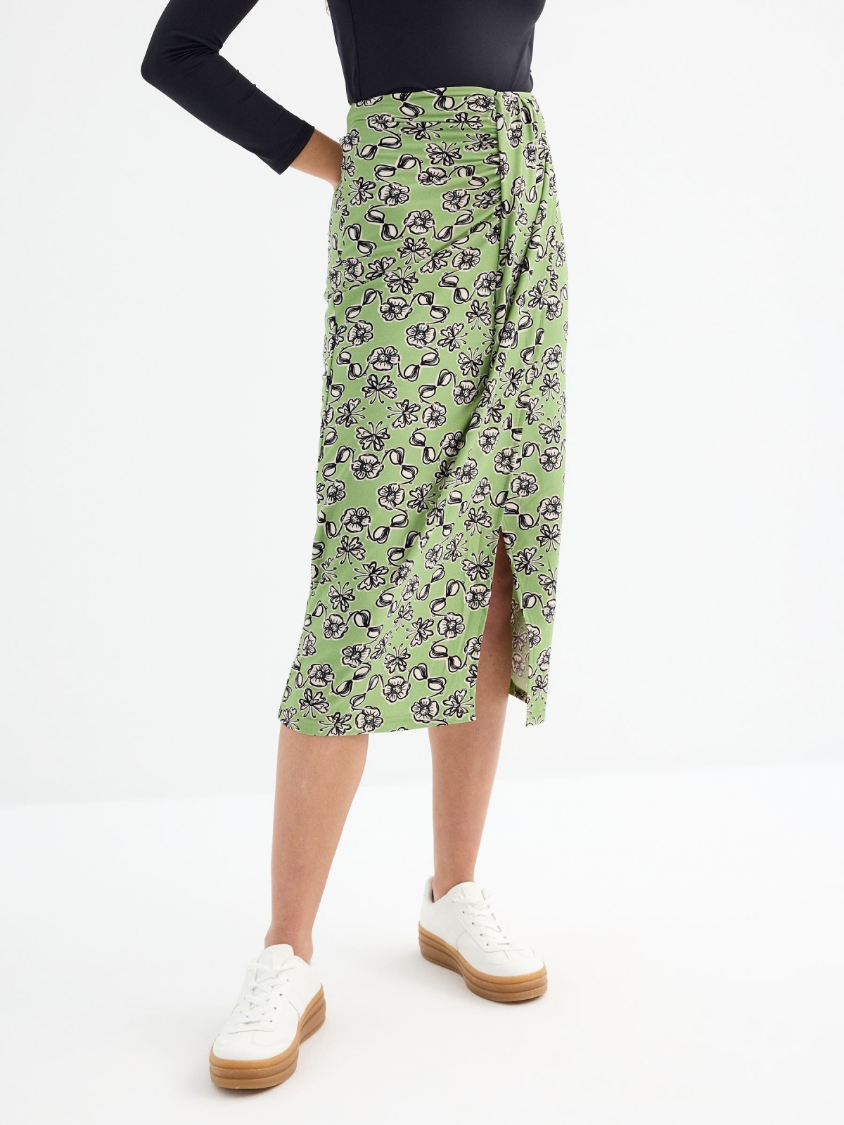 Floral print midi skirt olive green middle back view