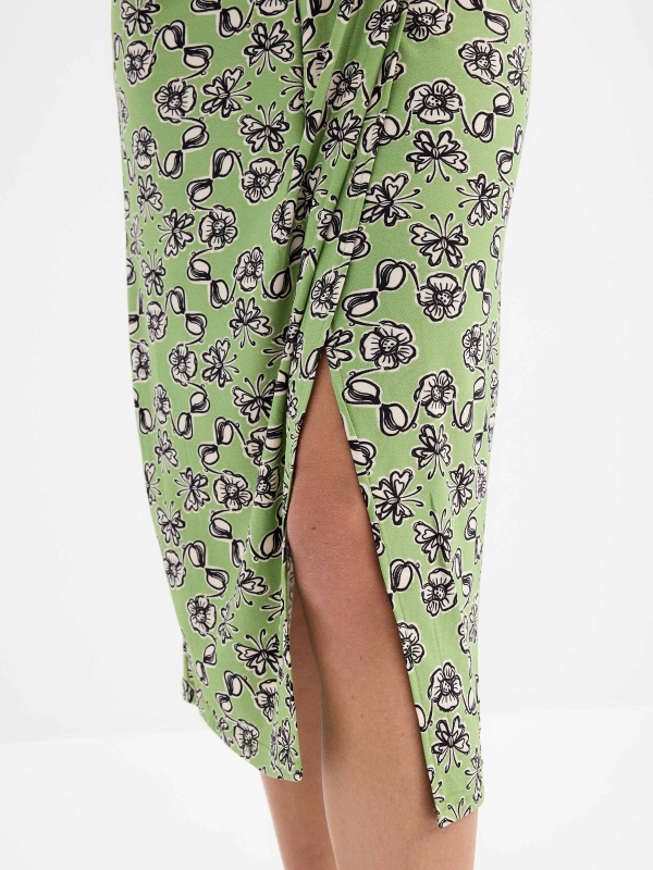 Floral print midi skirt olive green front detail view