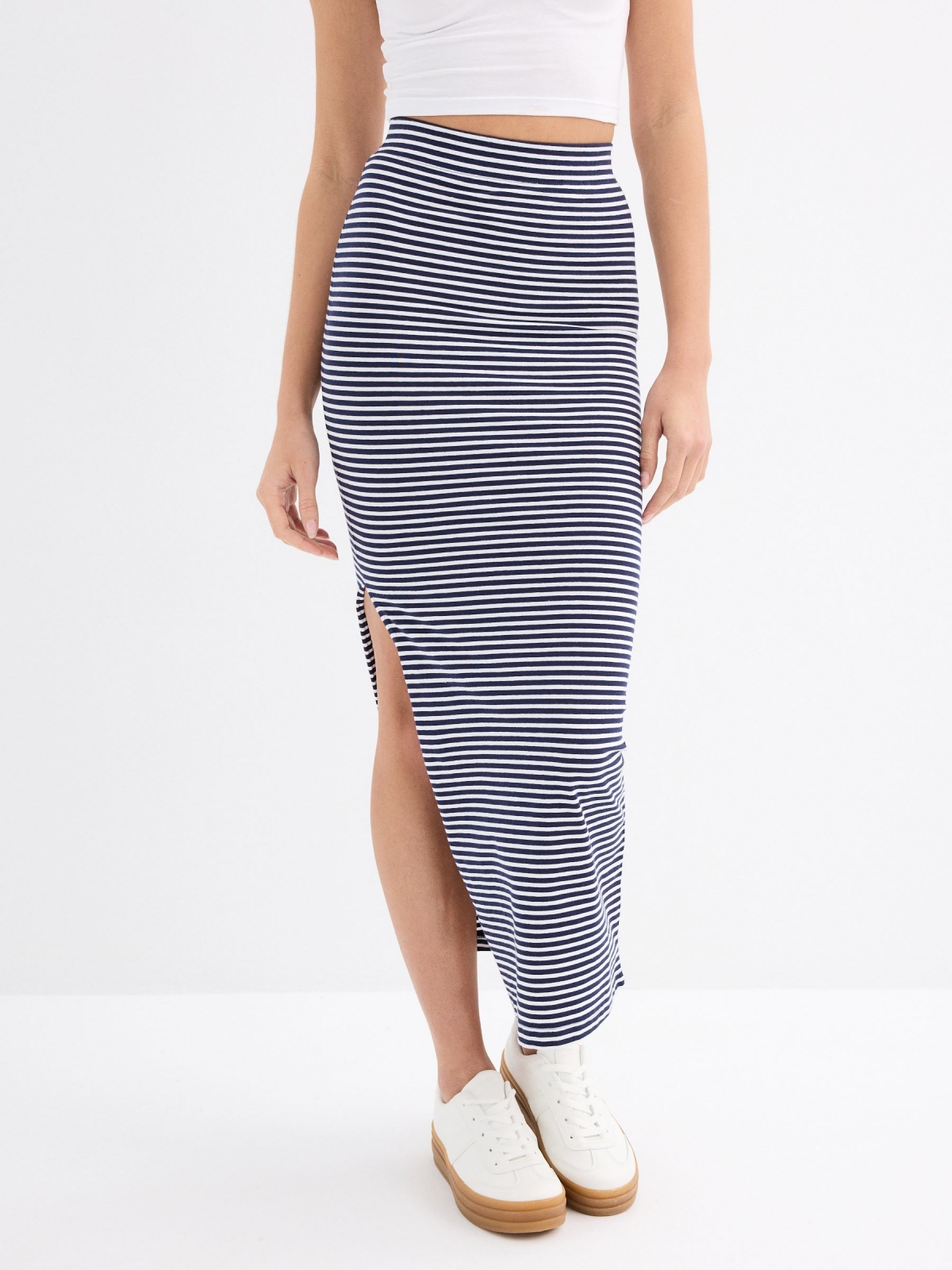 Long striped skirt navy middle back view