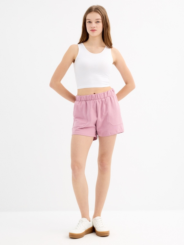 Shorts de cintura elástica com bolsos rosa pó vista geral frontal