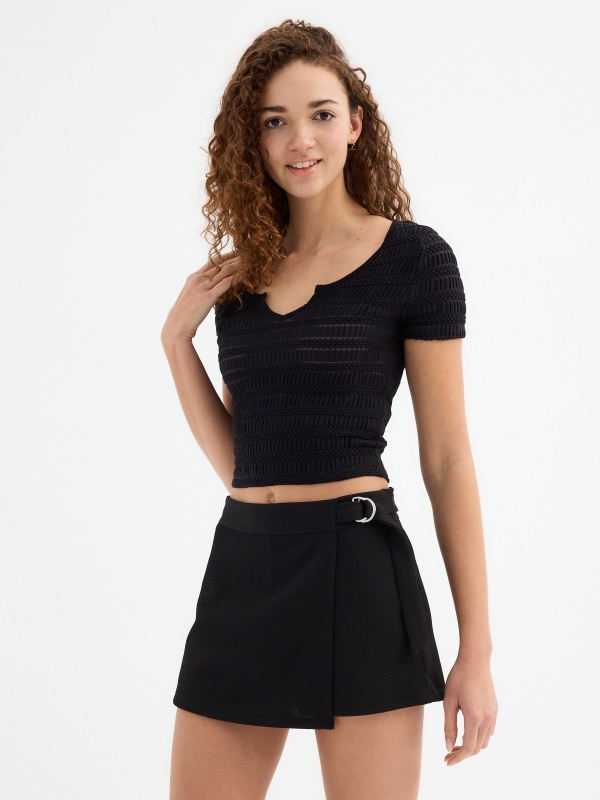 Skort with metal buckle black middle front view