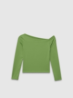 %Pto% Long sleeve draped neck shirt olive green front view