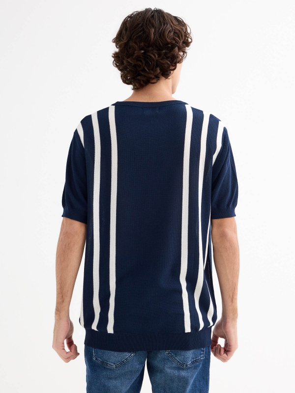 Short sleeve striped knit t-shirt navy middle back view