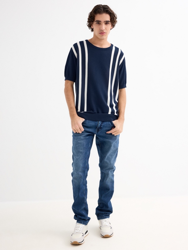 Short sleeve striped knit t-shirt navy general front view