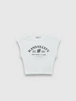 %Pto% Camiseta cropped sem mangas Kansas branco vista frontal
