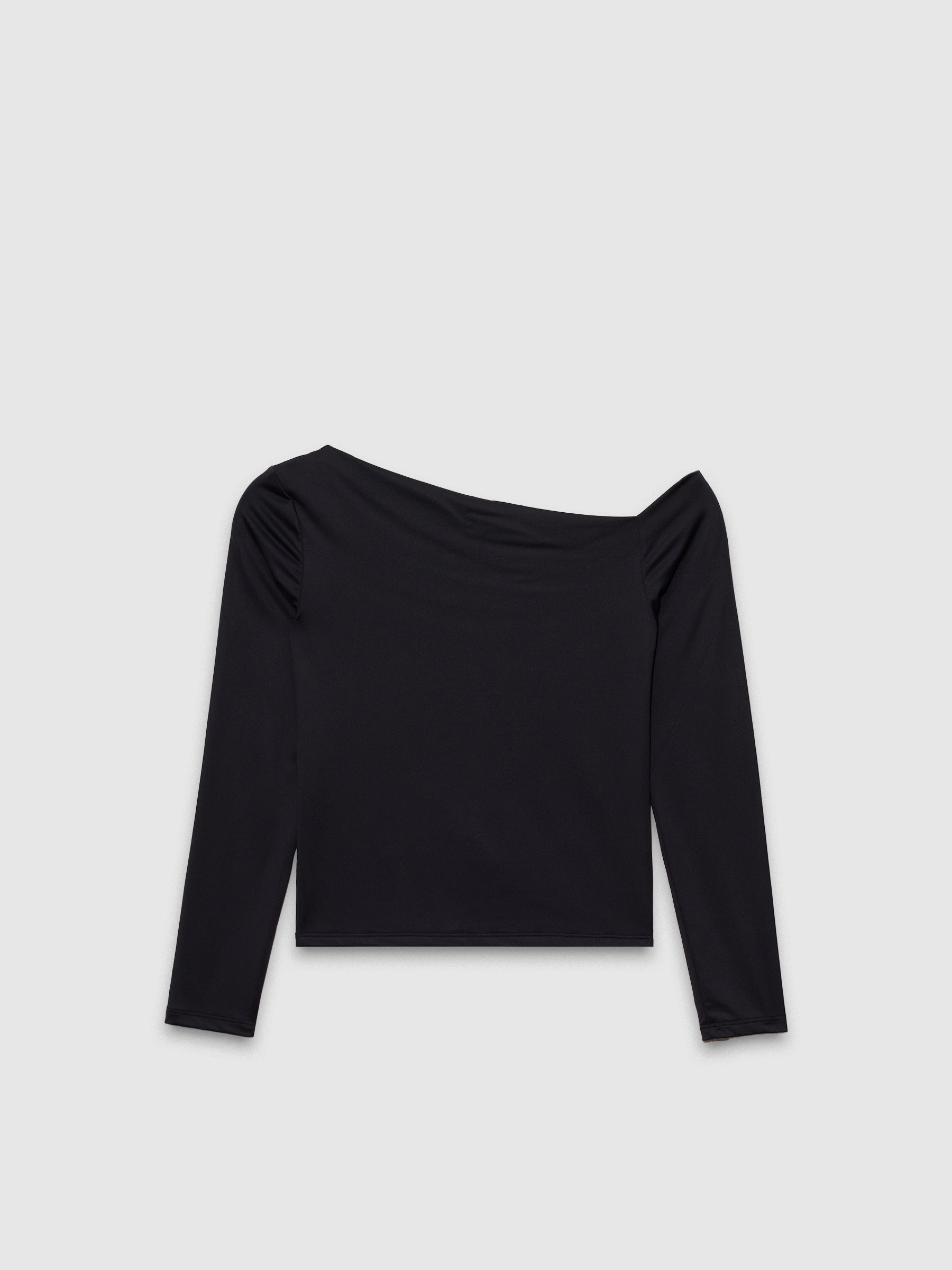 Camiseta de manga longa com gola drapeada preto vista meia frontal