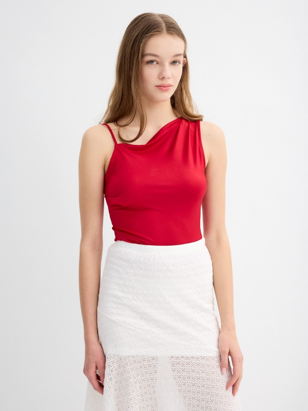 Ruched asymmetric top carmine middle front view