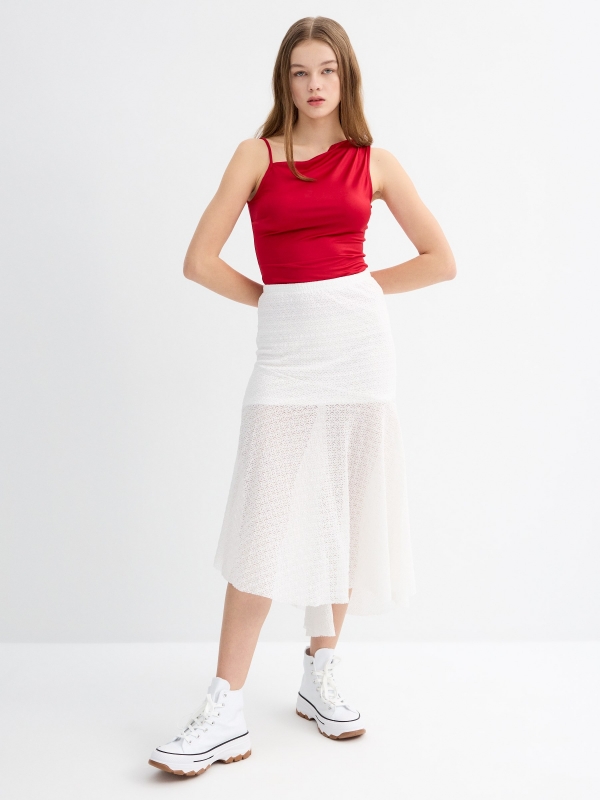 Ruched asymmetric top carmine general front view