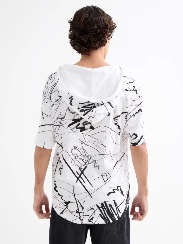 Camiseta de manga curta com capuz pinceladas branco vista meia traseira