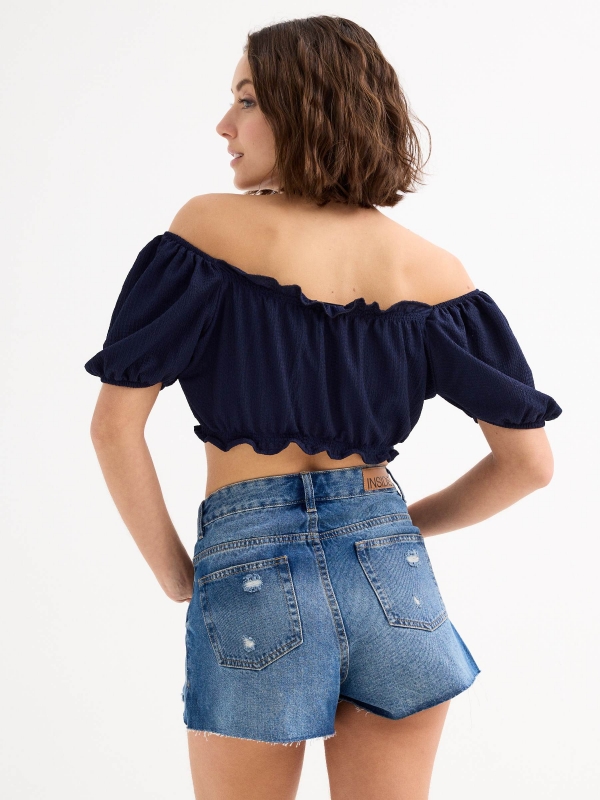 Crop top with tie navy middle back view