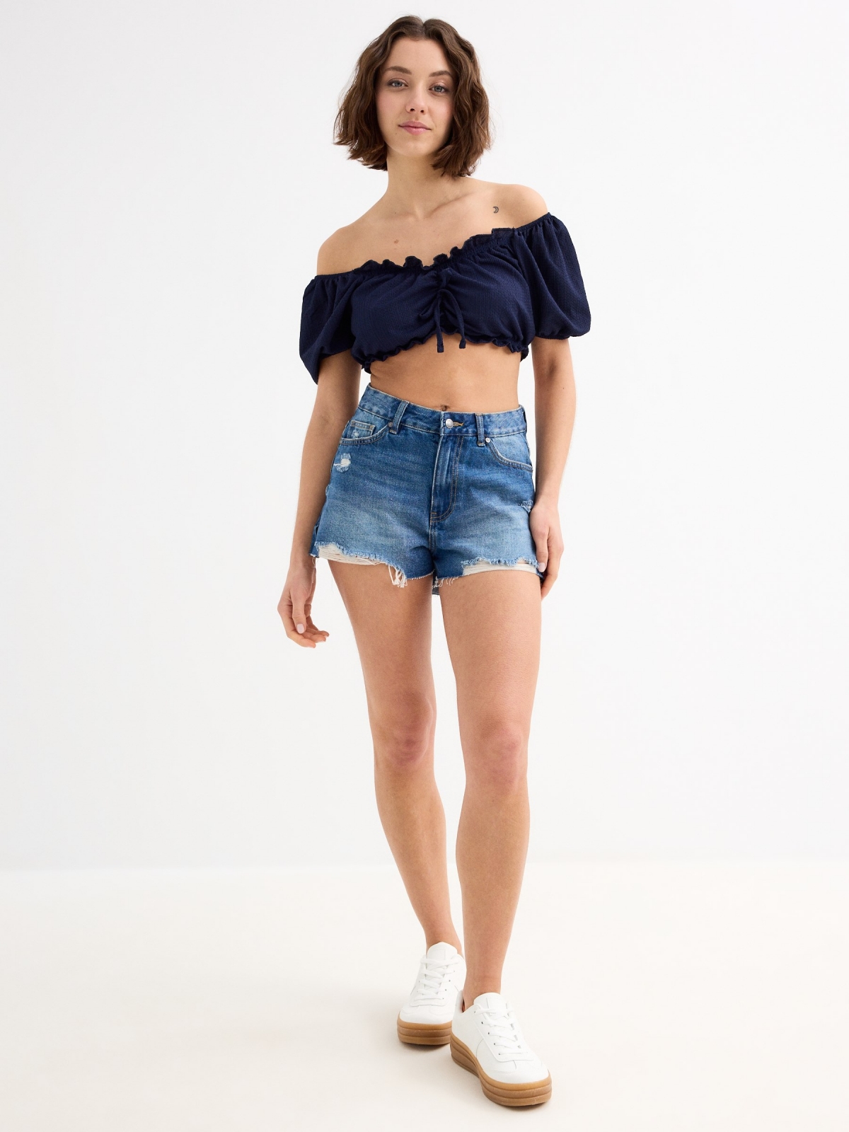 Crop top with tie navy general front view