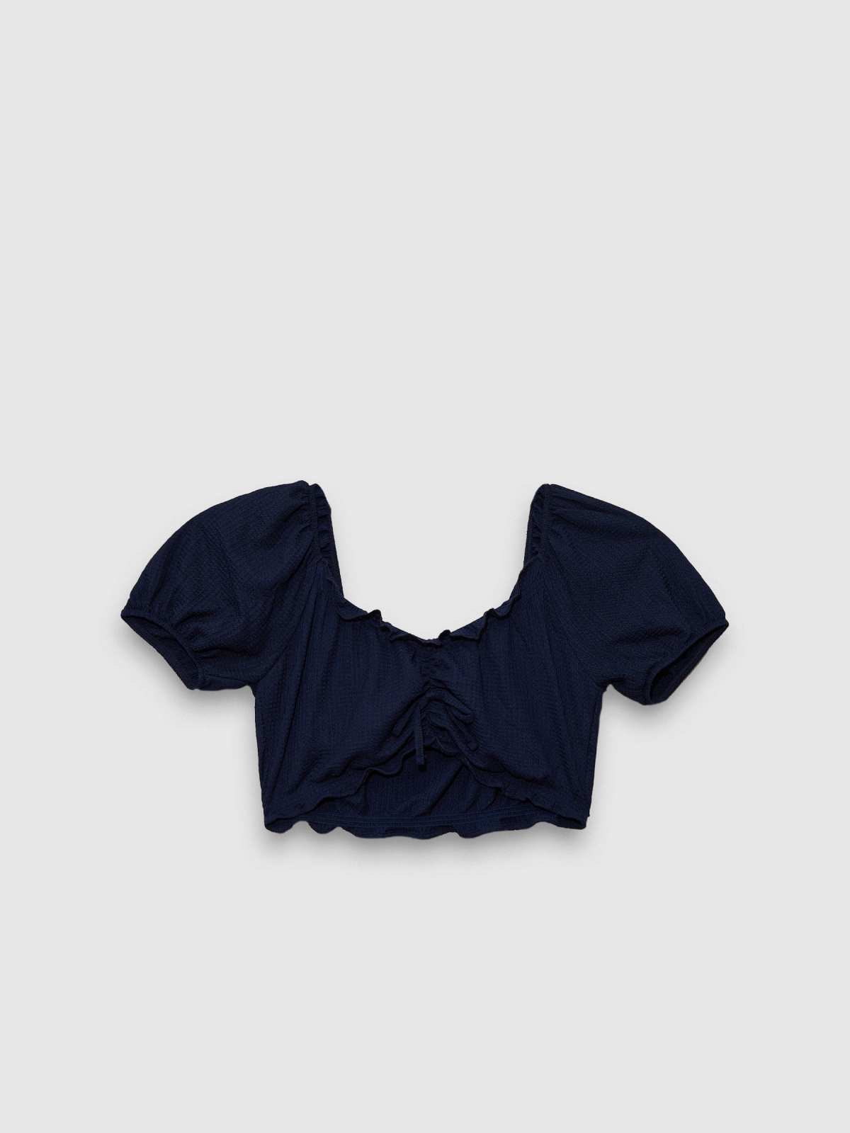  Camiseta cropped laço azul marinho vista frontal