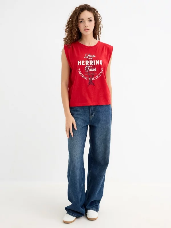 Sleeveless printed shirt carmine general front view