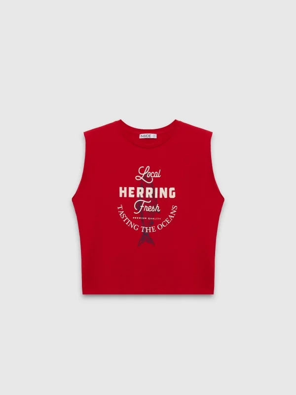  Sleeveless printed shirt carmine front view