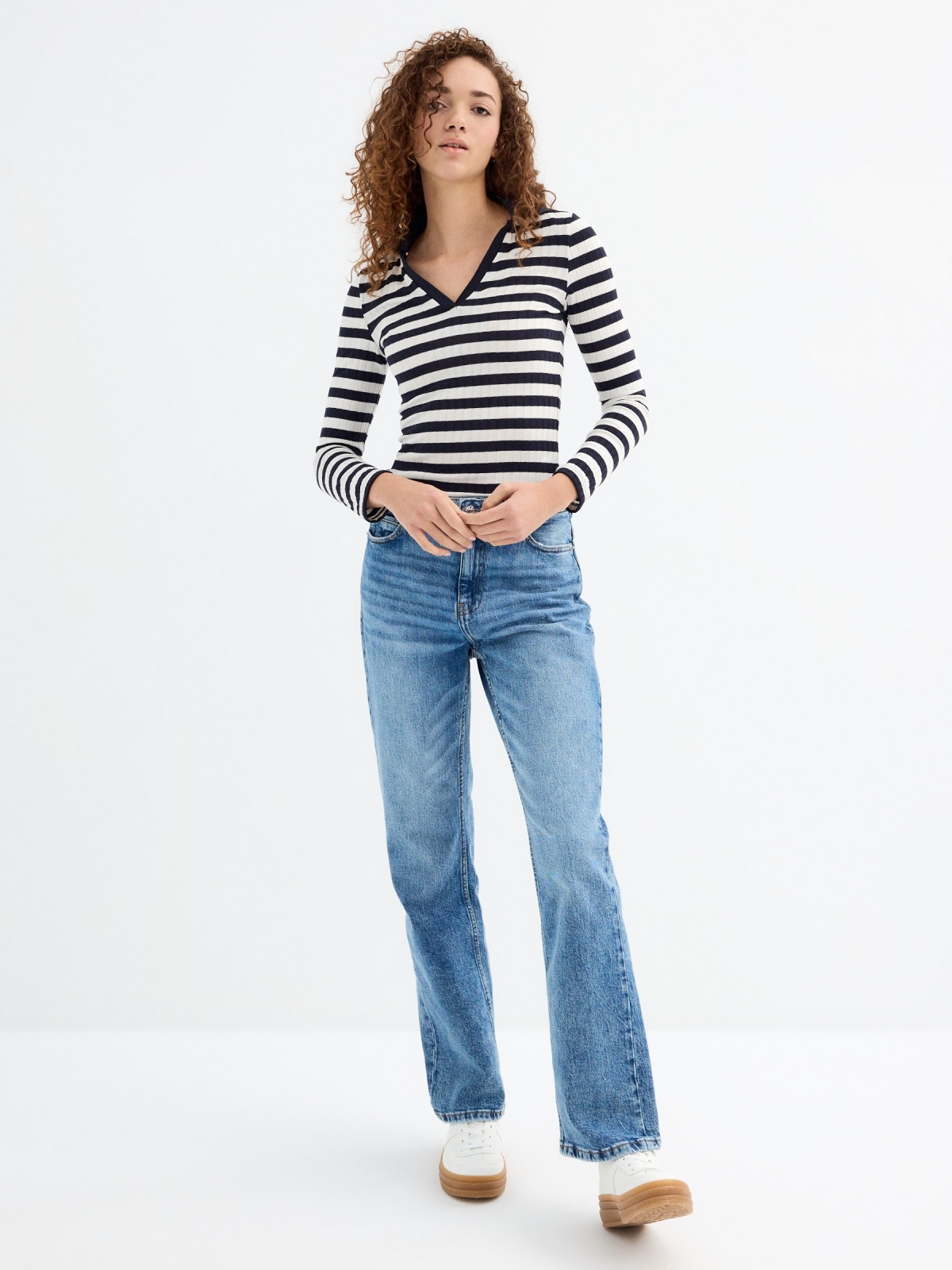 Ribbed long sleeve striped t-shirt navy general front view