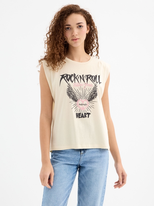 Sleeveless Rock and Roll shirt sand middle front view