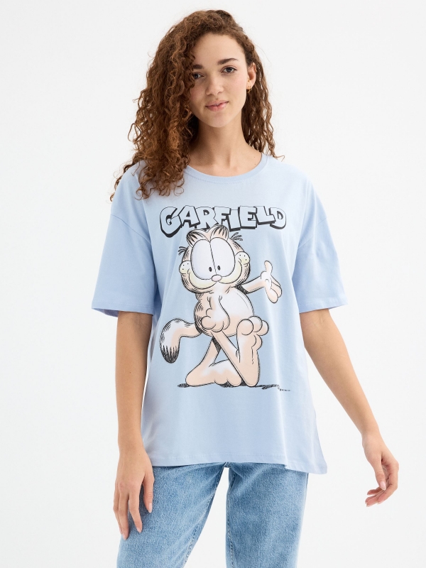 Camiseta de manga curta Garfield azul claro vista meia frontal