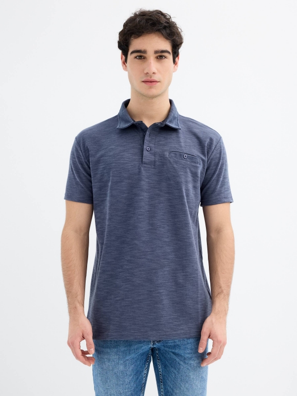 Short sleeve polo with button pocket navy middle front view