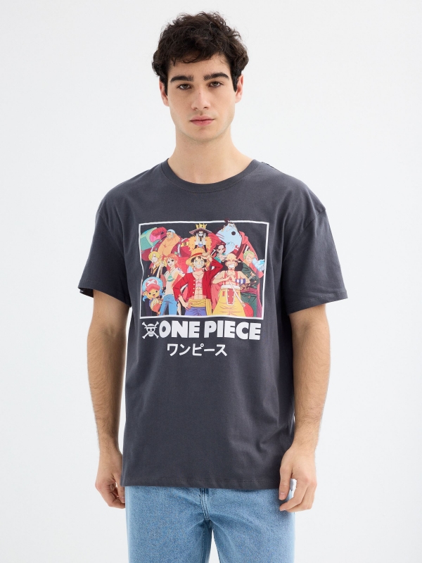 Camiseta de manga curta One Piece cinza escuro vista meia frontal