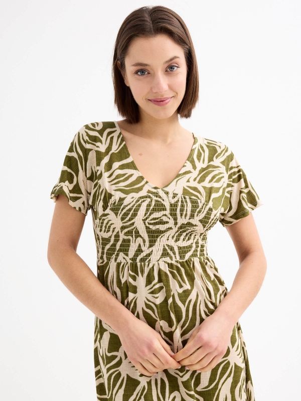 Printed midi dress green front detail view