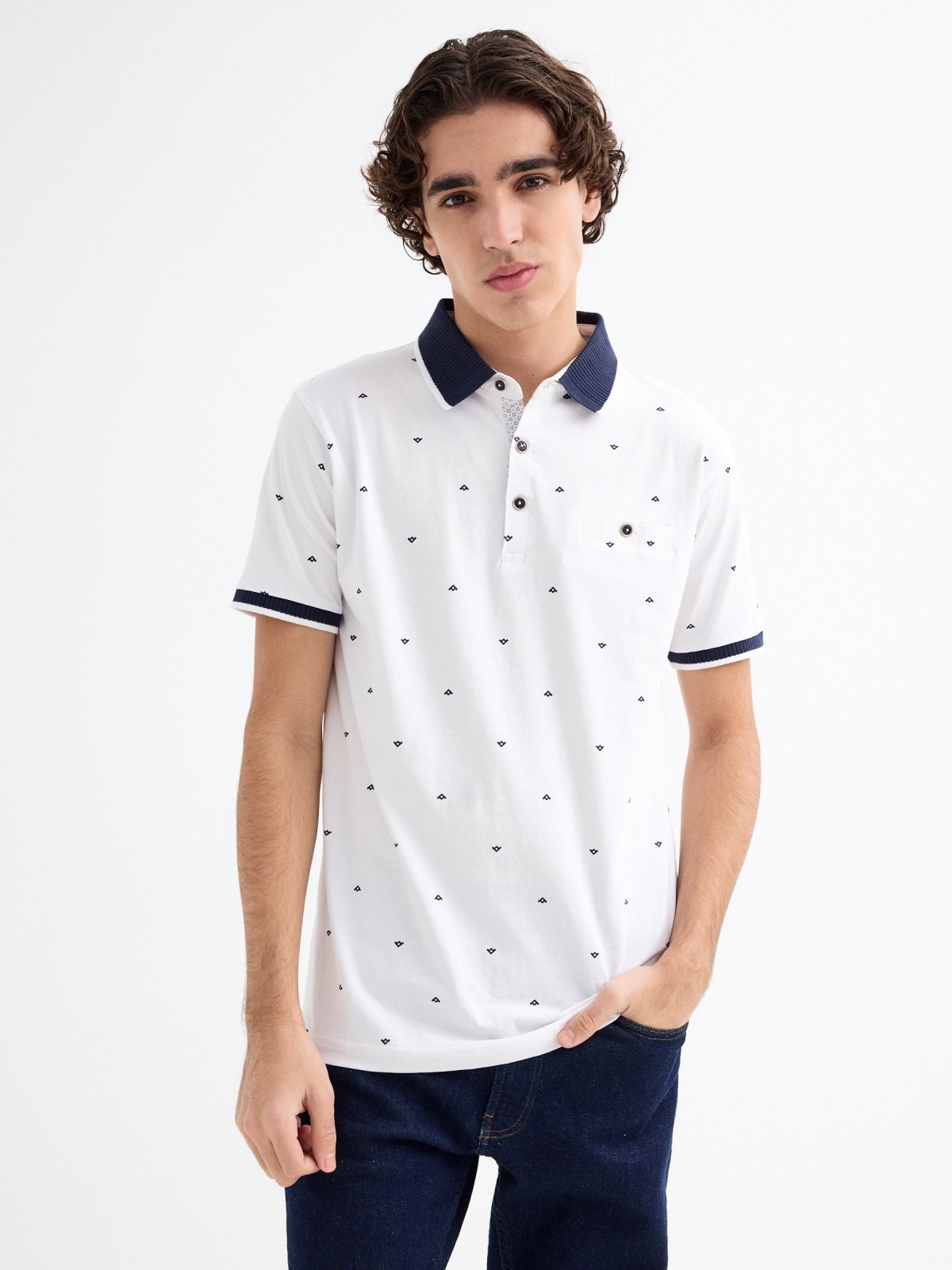 Miniature print polo shirt white middle front view