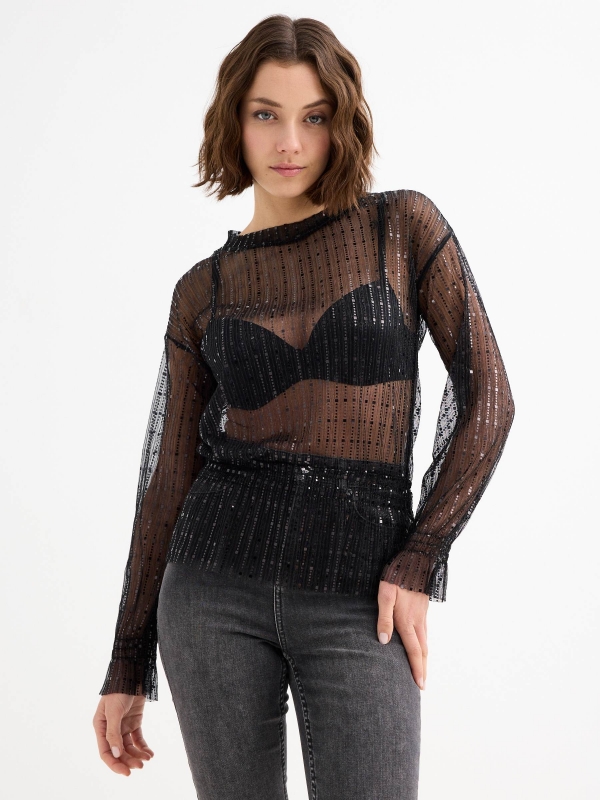 Transparent blouse with sparkles black middle front view