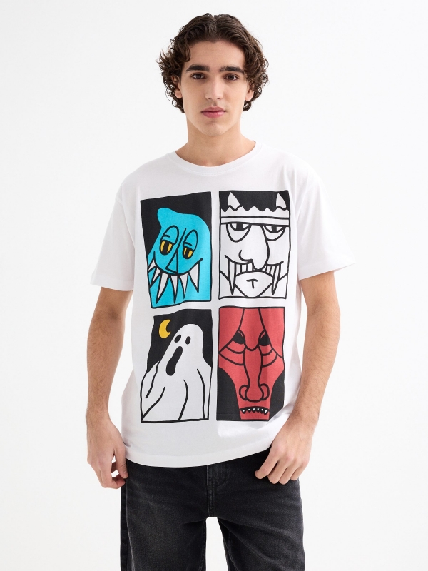 Camiseta de manga curta Monstros branco vista meia frontal