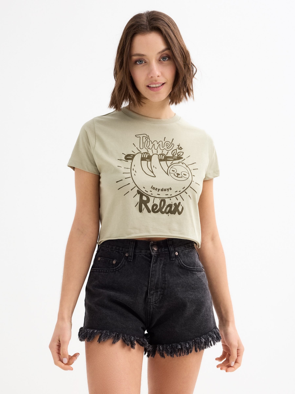 Short sleeve crop top Time to Relax greyish green middle front view