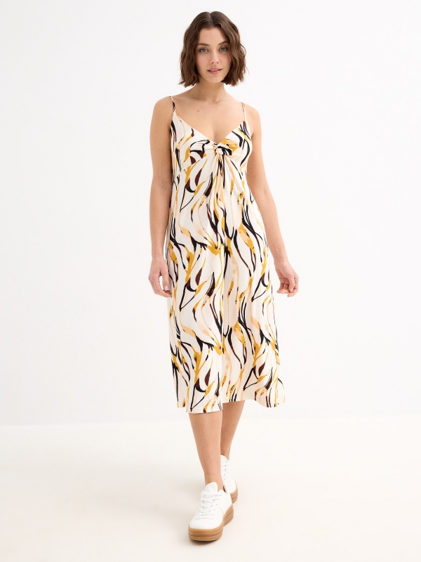 Midi dress with straps sand three-quarter front view