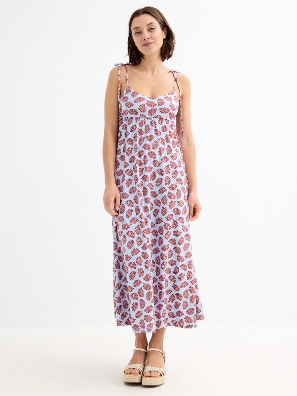 Midi dress with printed straps light blue three-quarter front view