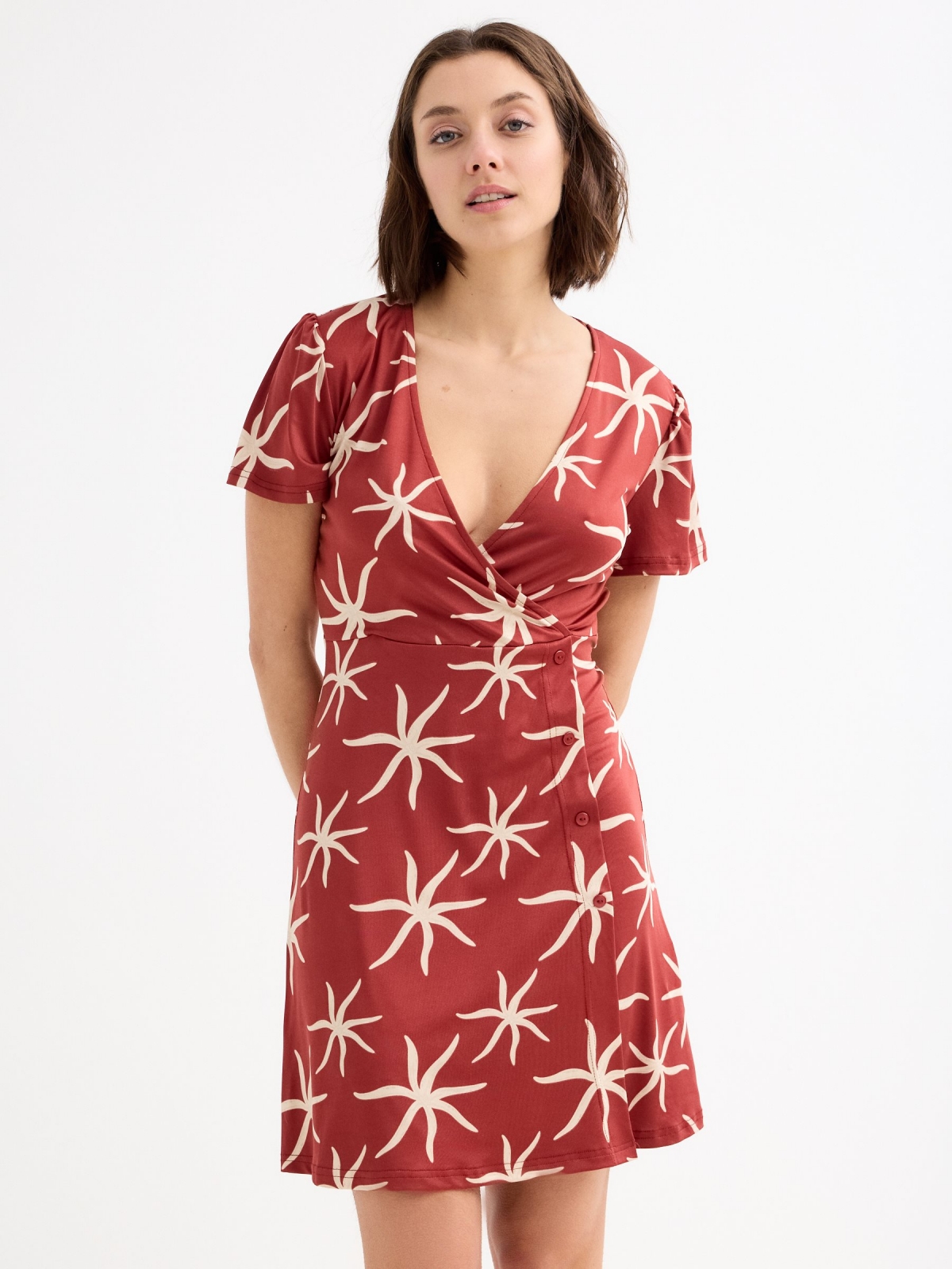 Cross-neck midi dress brick red three-quarter front view