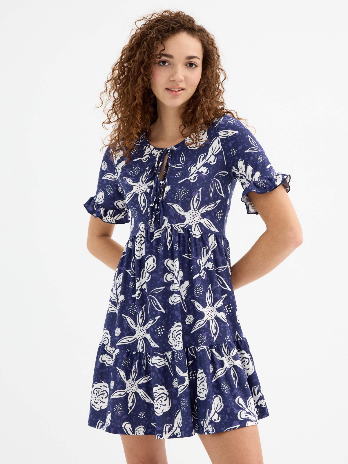 Mini printed dress with bow navy three-quarter front view