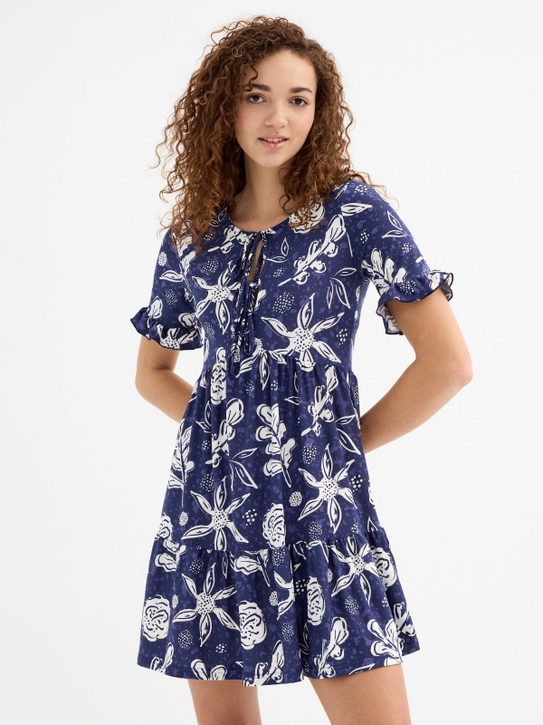 Mini printed dress with bow navy three-quarter front view